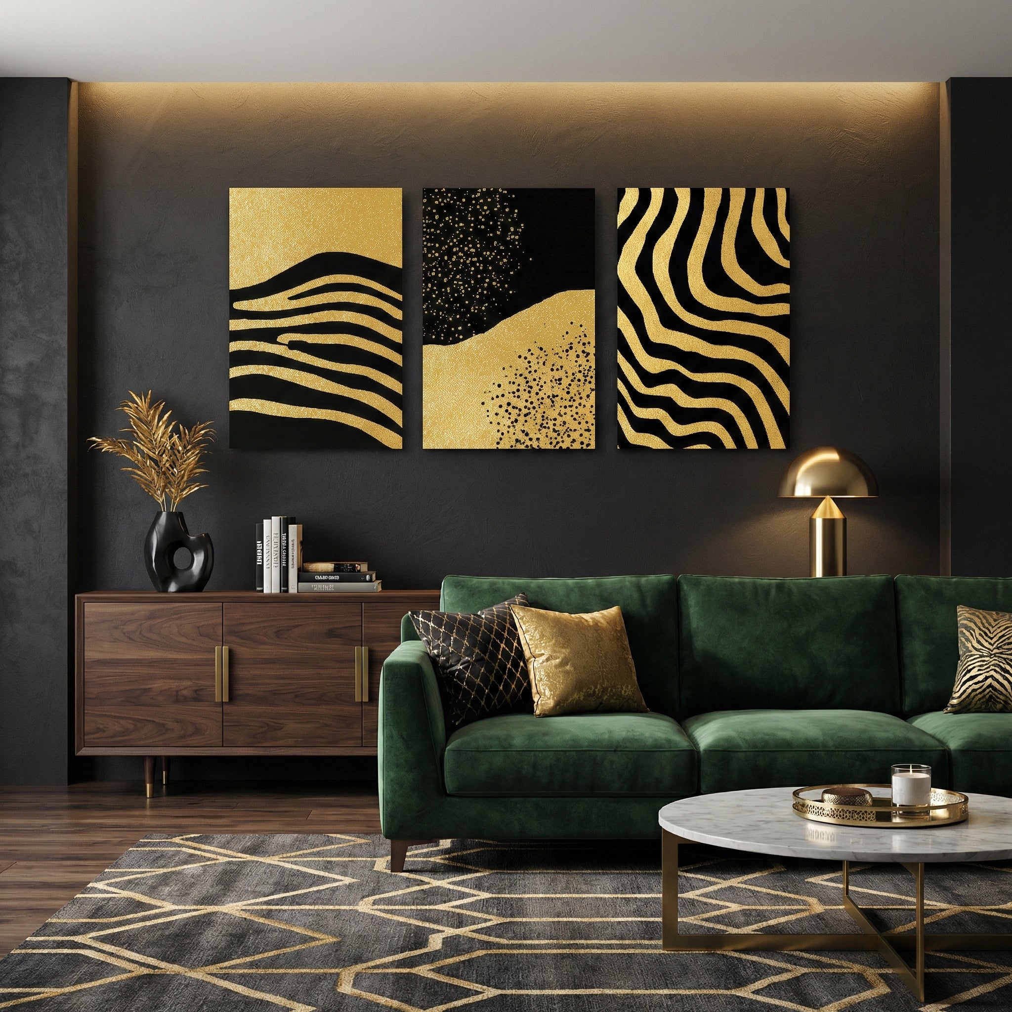 Black and gold abstract triptych wall art styled above a green sofa in brown living room — stylish décor.