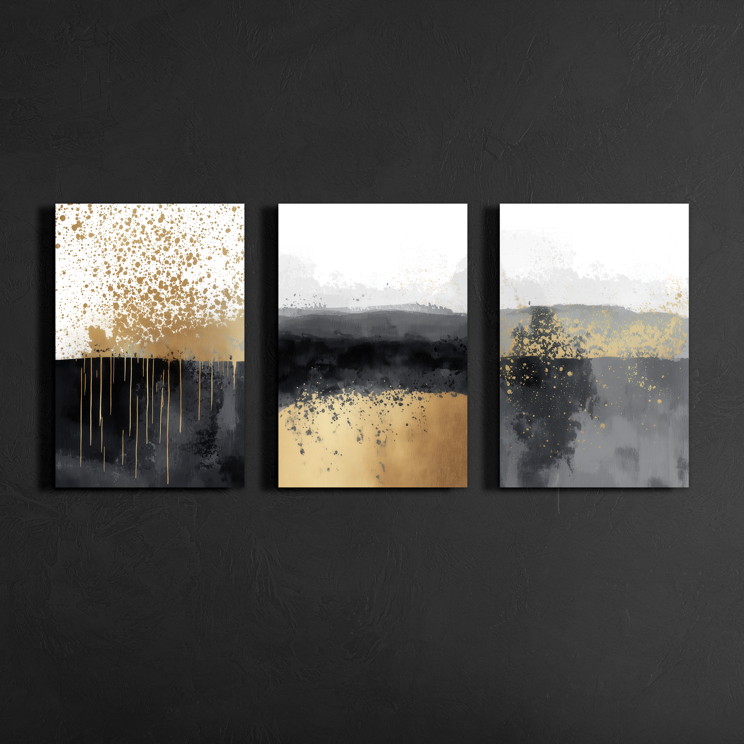Front view of black, gold and grey abstract triptych canvas art on textured backdrop — contemporary wall décor.