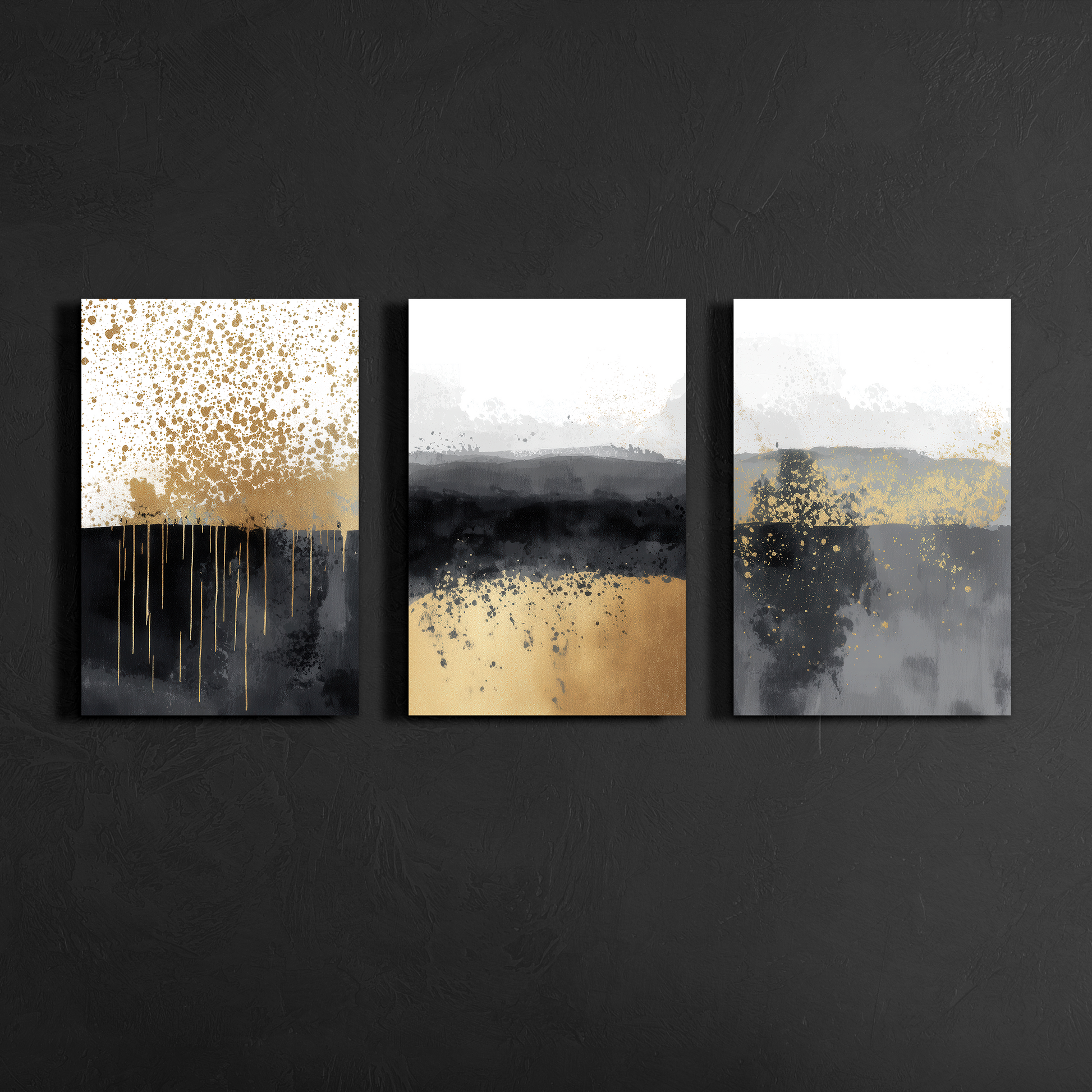 Front view of black, gold and grey abstract triptych canvas art on textured backdrop — contemporary wall décor.