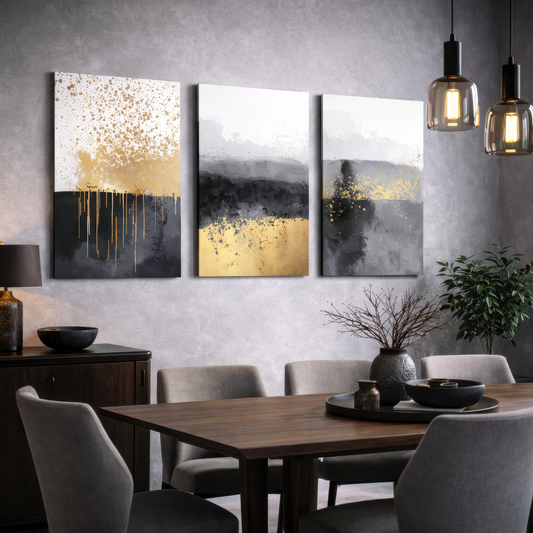 Black, grey and gold abstract triptych canvas wall art displayed above console in sitting room — modern interior wall décor.