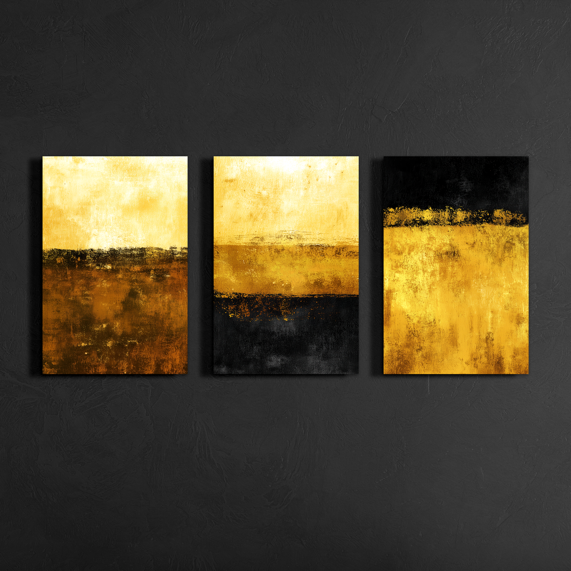 Front view of black, gold and yellow abstract triptych canvas art on textured black wall — contemporary decorative art.