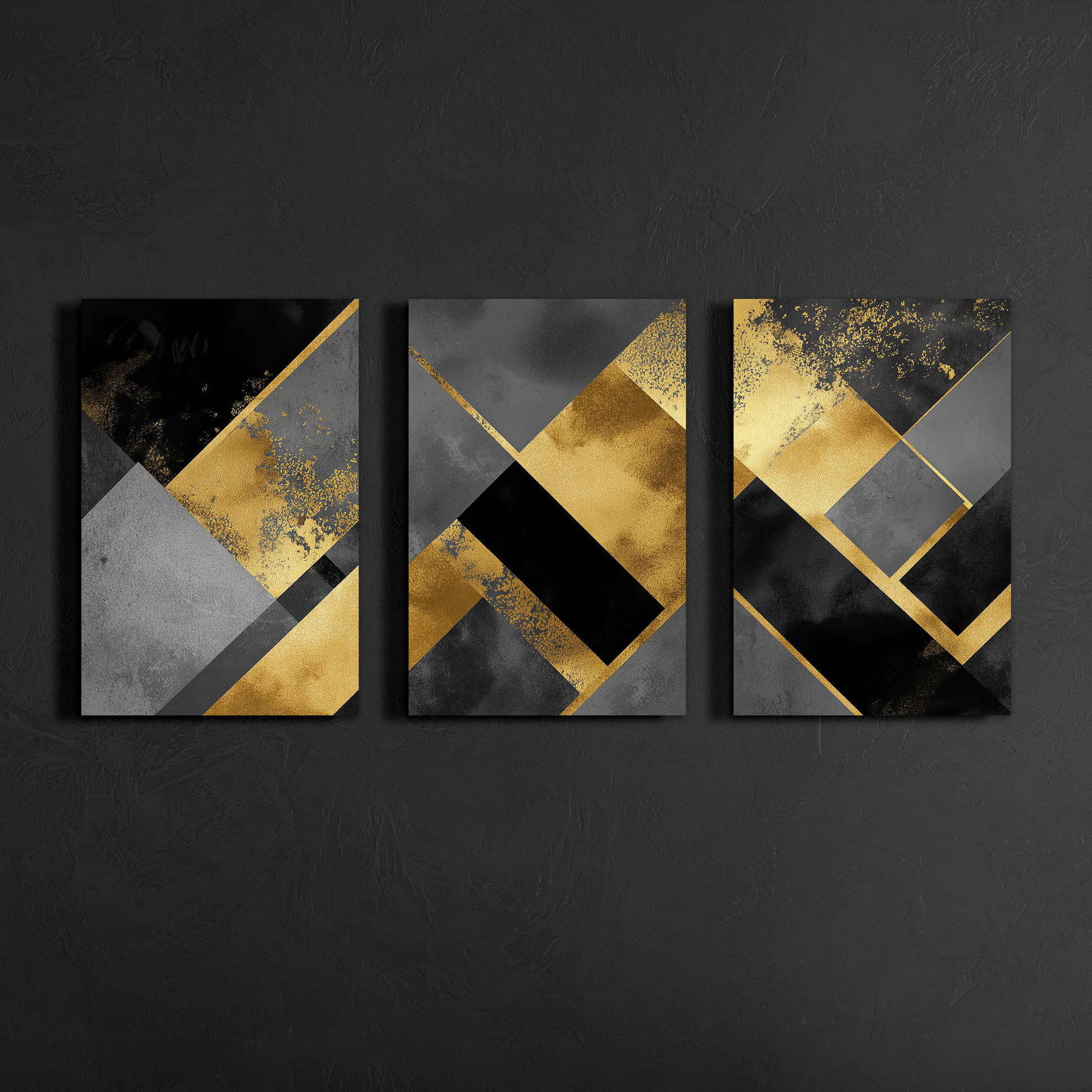Black textured wall triptych showing abstract gold and grey geometric art canvas — modern wall décor.