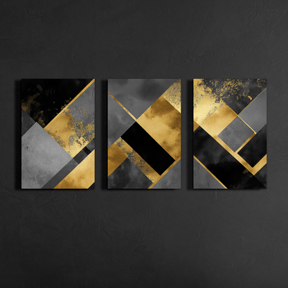Black textured wall triptych showing abstract gold and grey geometric art canvas — modern wall décor.