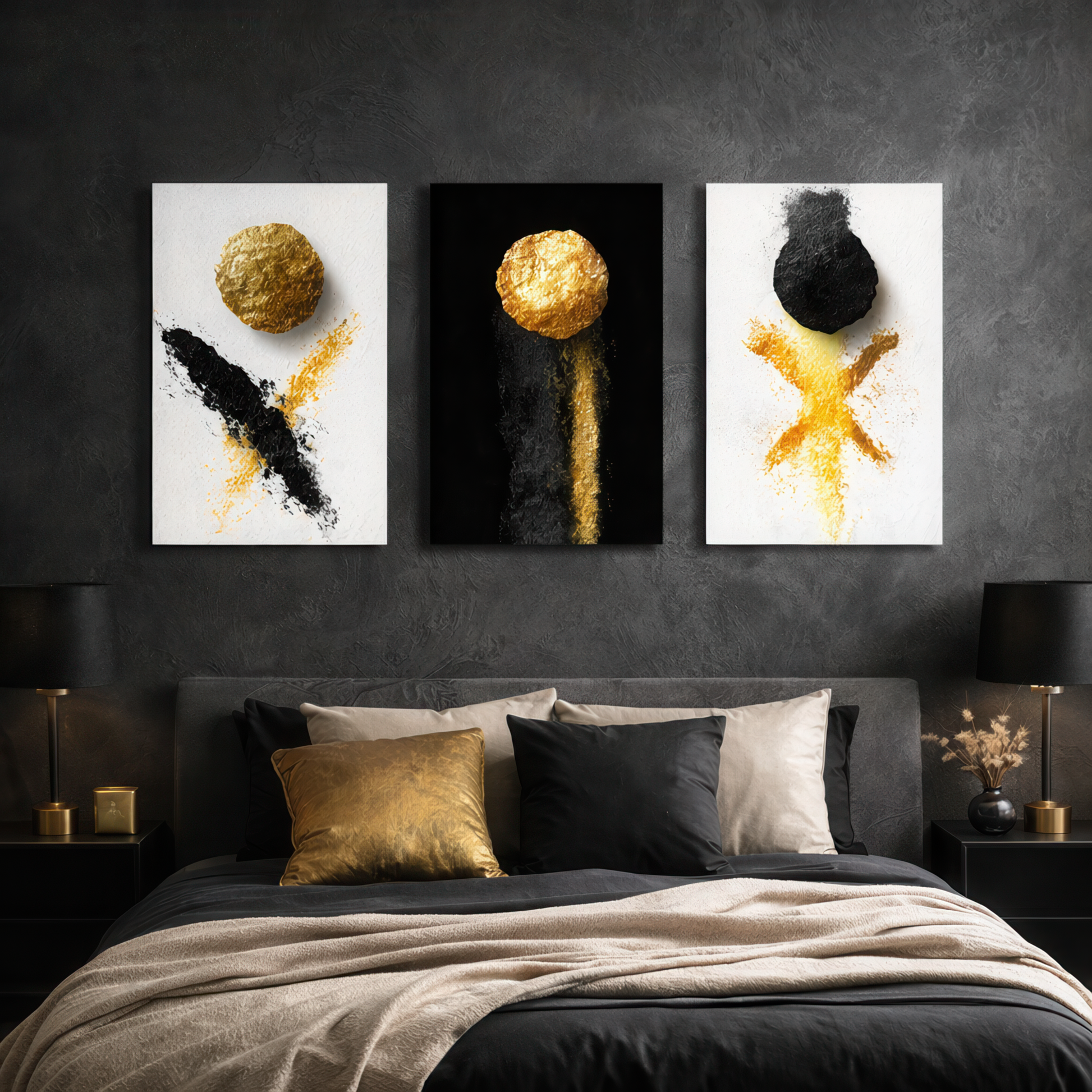 Black, white and gold abstract triptych wall art mounted above bed in luxury bedroom — modern metal print decor.