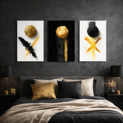 Black, white and gold abstract triptych wall art mounted above bed in luxury bedroom — modern metal print decor.