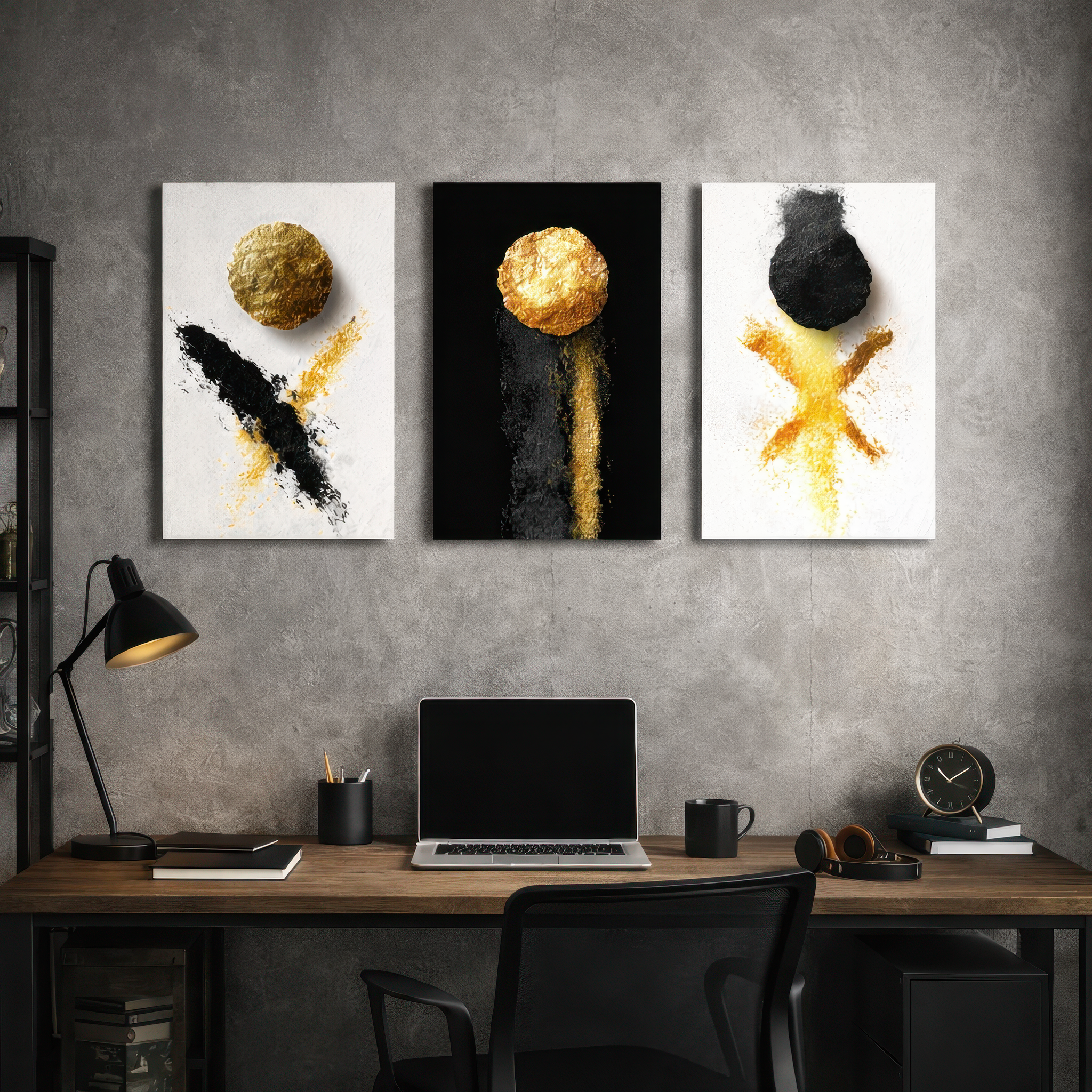 Black and gold abstract triptych wall art displayed above desk in modern office interior — premium aluminum wall art.