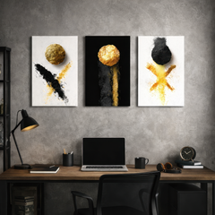 Black and gold abstract triptych wall art displayed above desk in modern office interior — premium aluminum wall art.