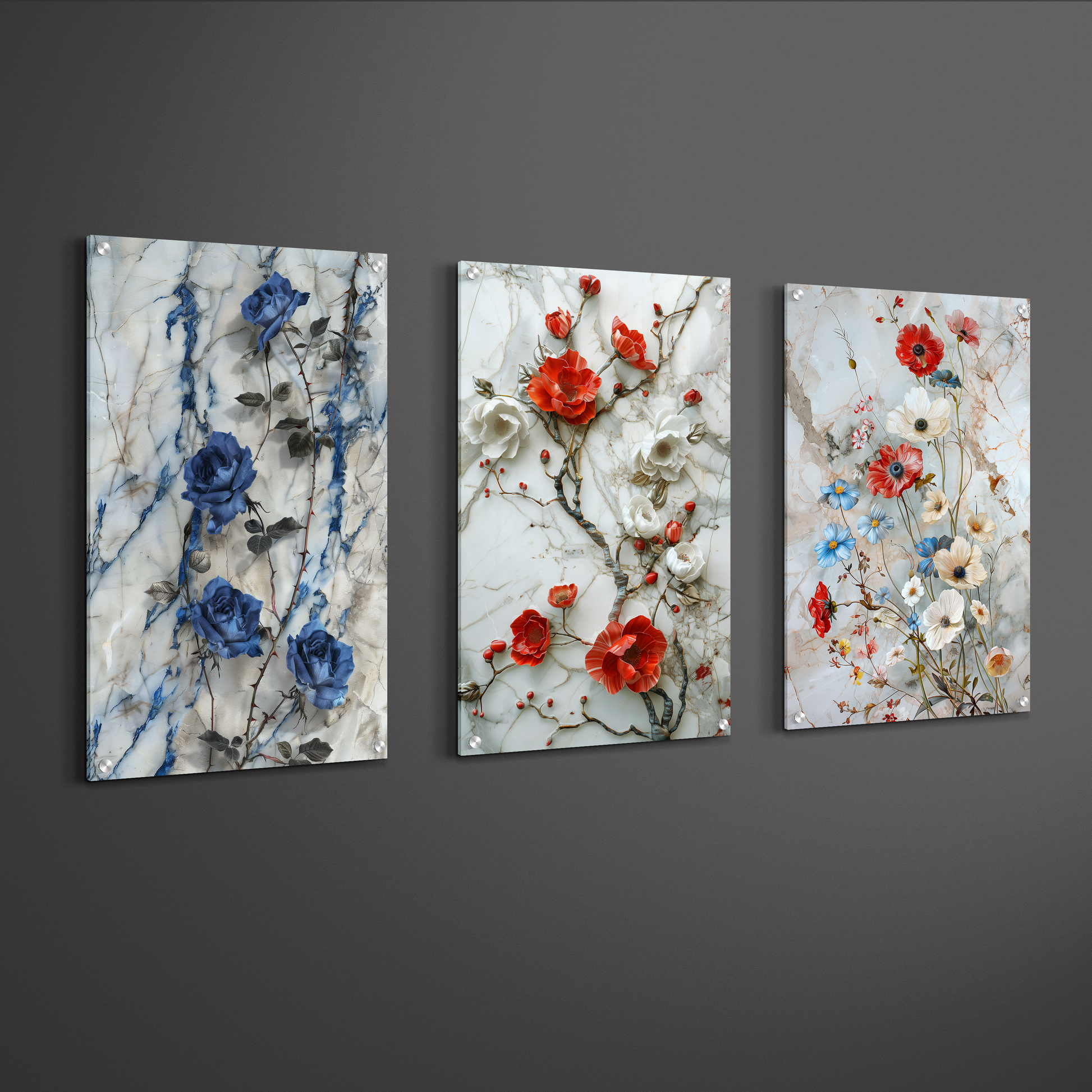Three panel botanical marble floral wall art printed on acrylic glass panels with blue roses red flowers and delicate botanical branches