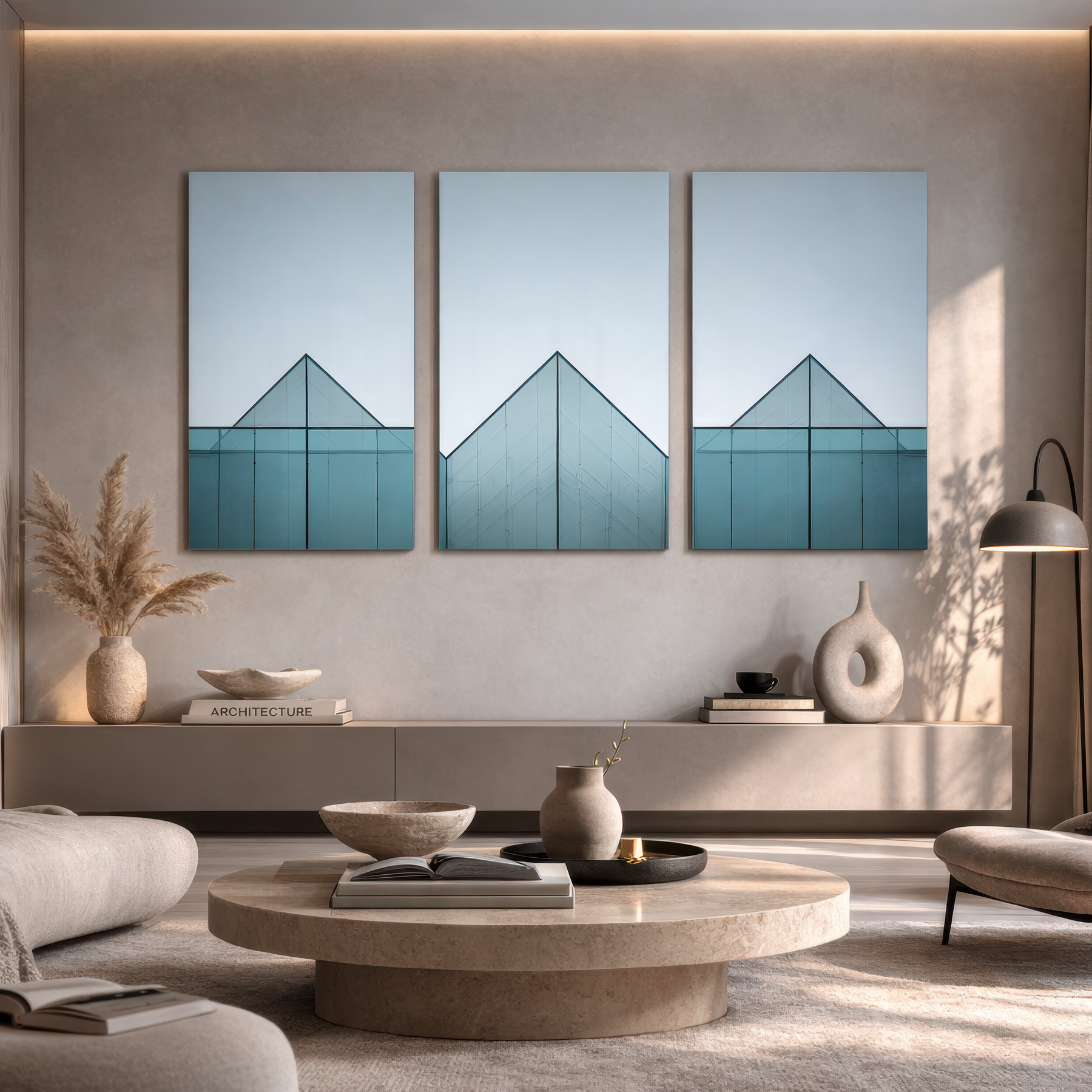 Minimal blue toned architectural glass structure triptych installed in warm modern living room above floating console and neutral decor