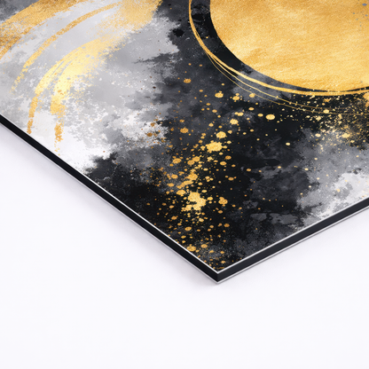 Close-up detail of black, gold and grey abstract canvas art showing textured print and finish — decorative wall art close-up.