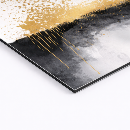 Close-up of gold, black and grey abstract canvas print showing textured detail — premium decorative wall art.