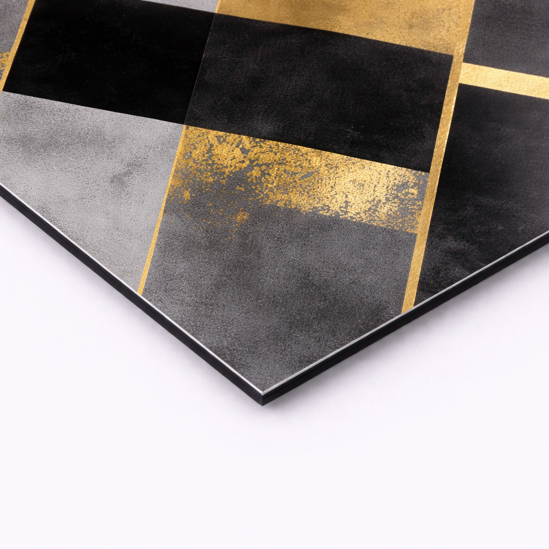 Close-up abstract gold and black canvas art showing premium print texture and detail.