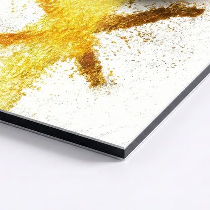 Close-up corner detail of black and gold abstract aluminum print showing crisp edges and textured surface.