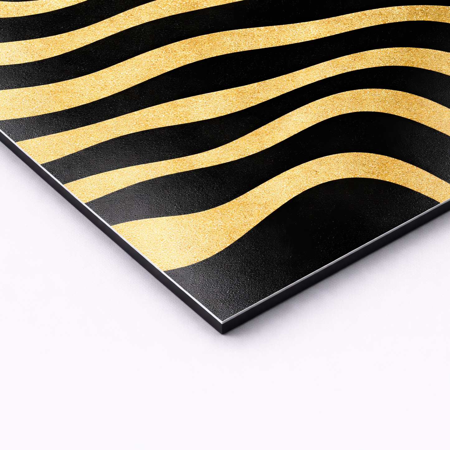 Close-up view of gold and black abstract wall art showing textured surface detail on premium print.