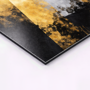 Close-up of gold and black abstract art printed on aluminum, premium metal print detail.