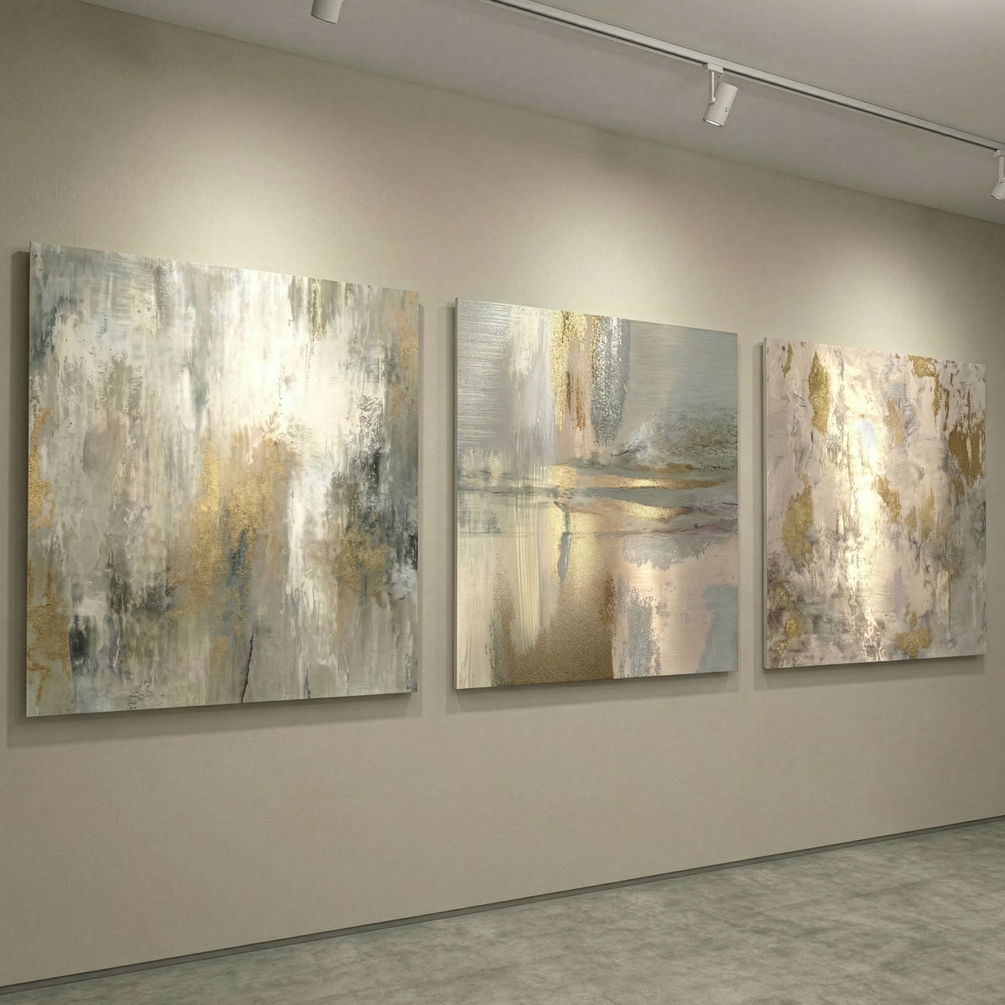 Three abstract paintings on a wall in a gallery setting