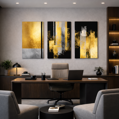 Contemporary gold and black abstract art set hanging above desk in stylish office space.