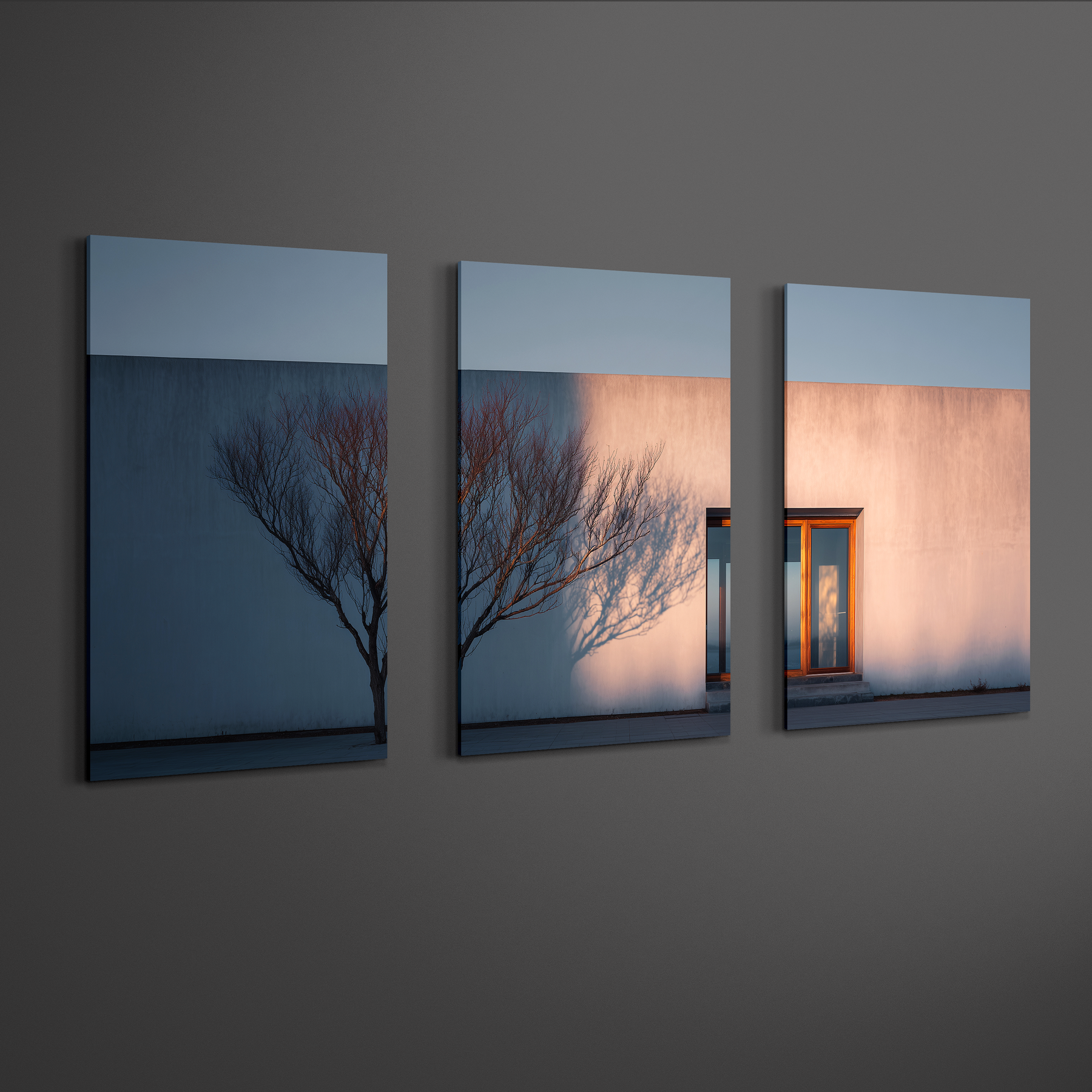 Angled side view of three panel minimalist architecture wall art printed on smooth aluminum, floating effect with clean spacing on neutral wall
