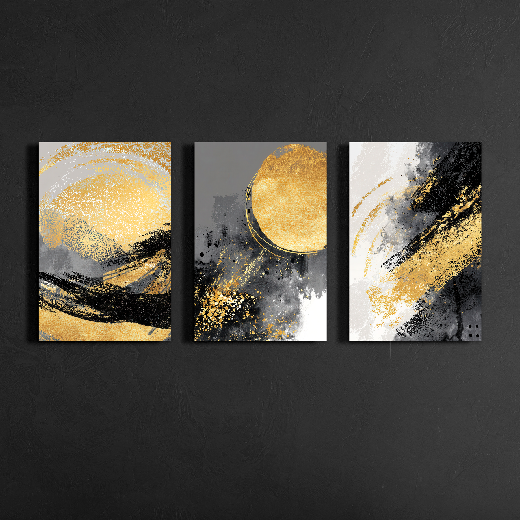 Front-view mockup of black, grey and gold abstract triptych canvas art on textured backdrop — modern wall décor.