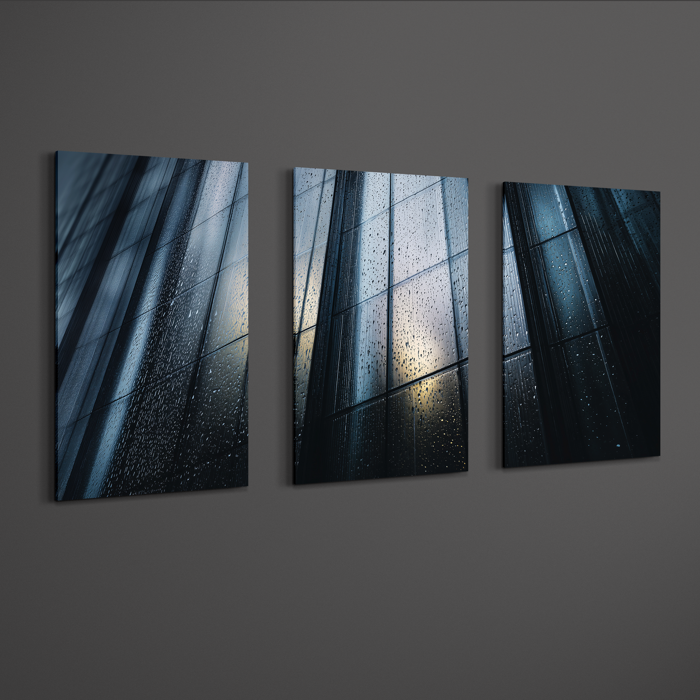 Wide perspective of three panel architectural wall art set featuring rain soaked glass building, smooth aluminum prints arranged with balanced spacing on dark wall