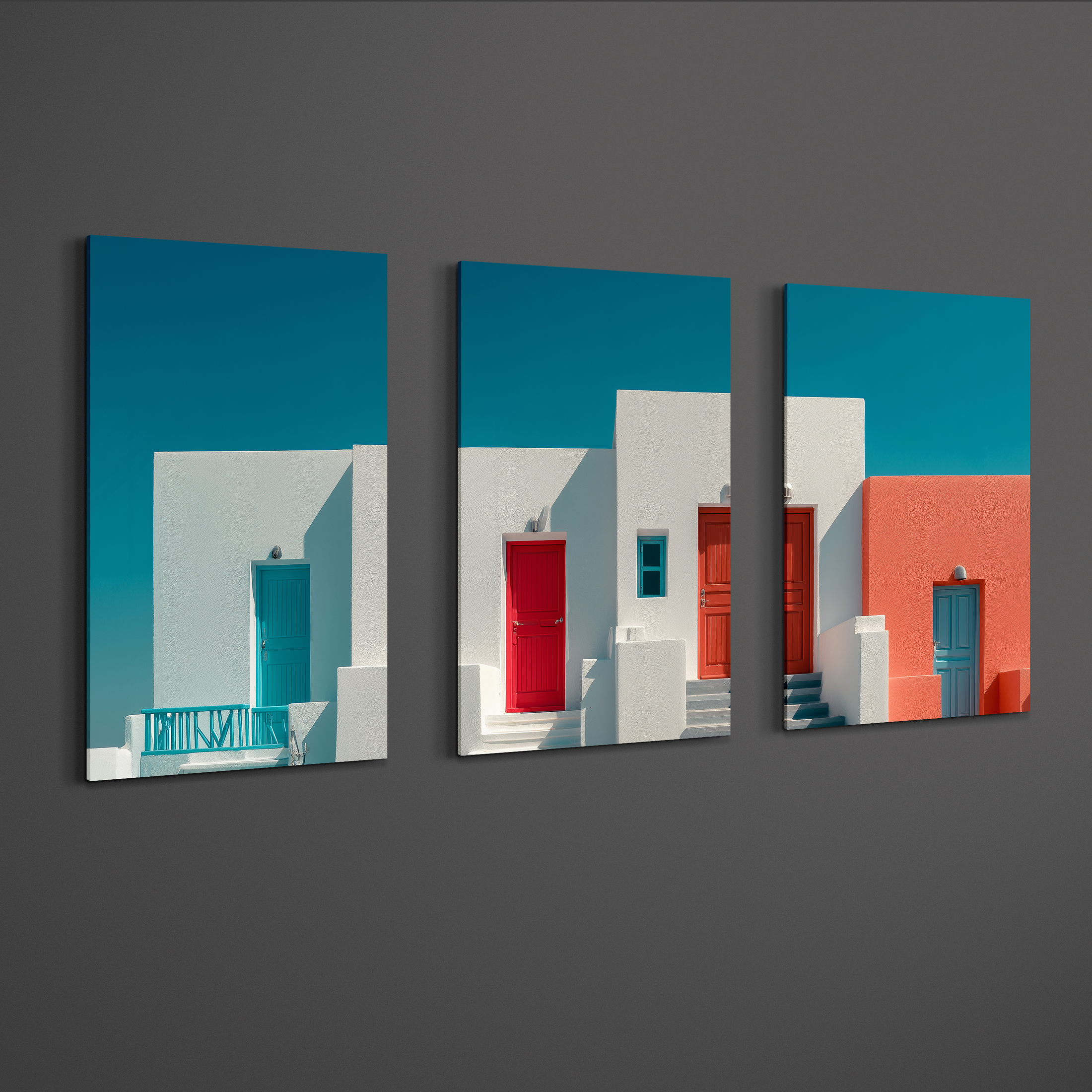 Angled side perspective of three panel Mediterranean building wall art printed on smooth non brushed aluminum, clean 3mm profile and floating effect