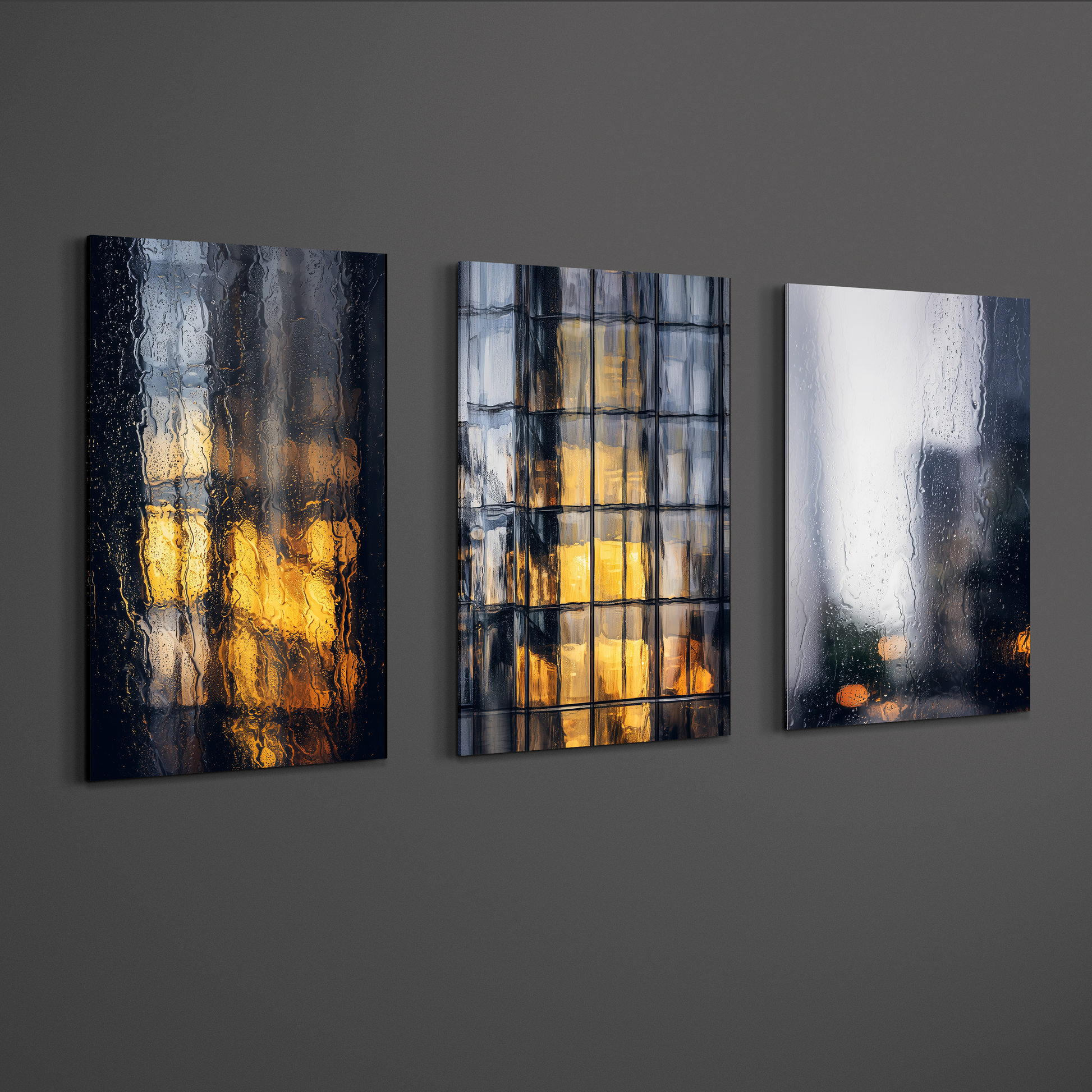 Wide angle installation view of warm toned architectural triptych wall art on charcoal wall, modern city reflection photography for upscale interiors