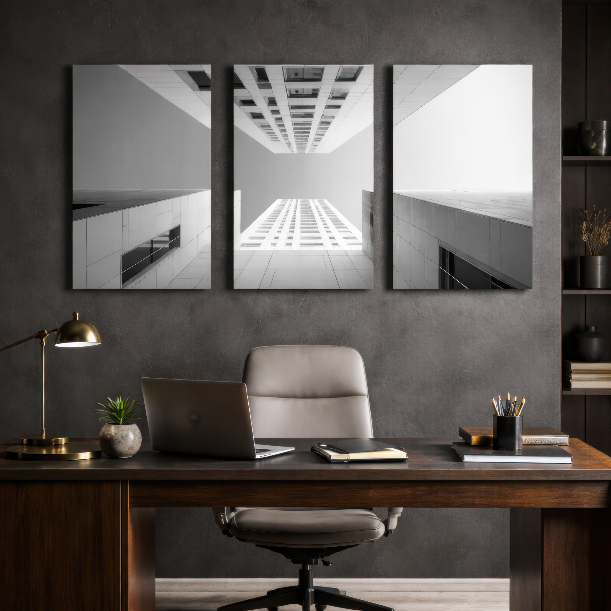 Monochrome skyscraper triptych wall art installed in contemporary office above wooden desk, sophisticated metal wall decor for corporate and executive spaces