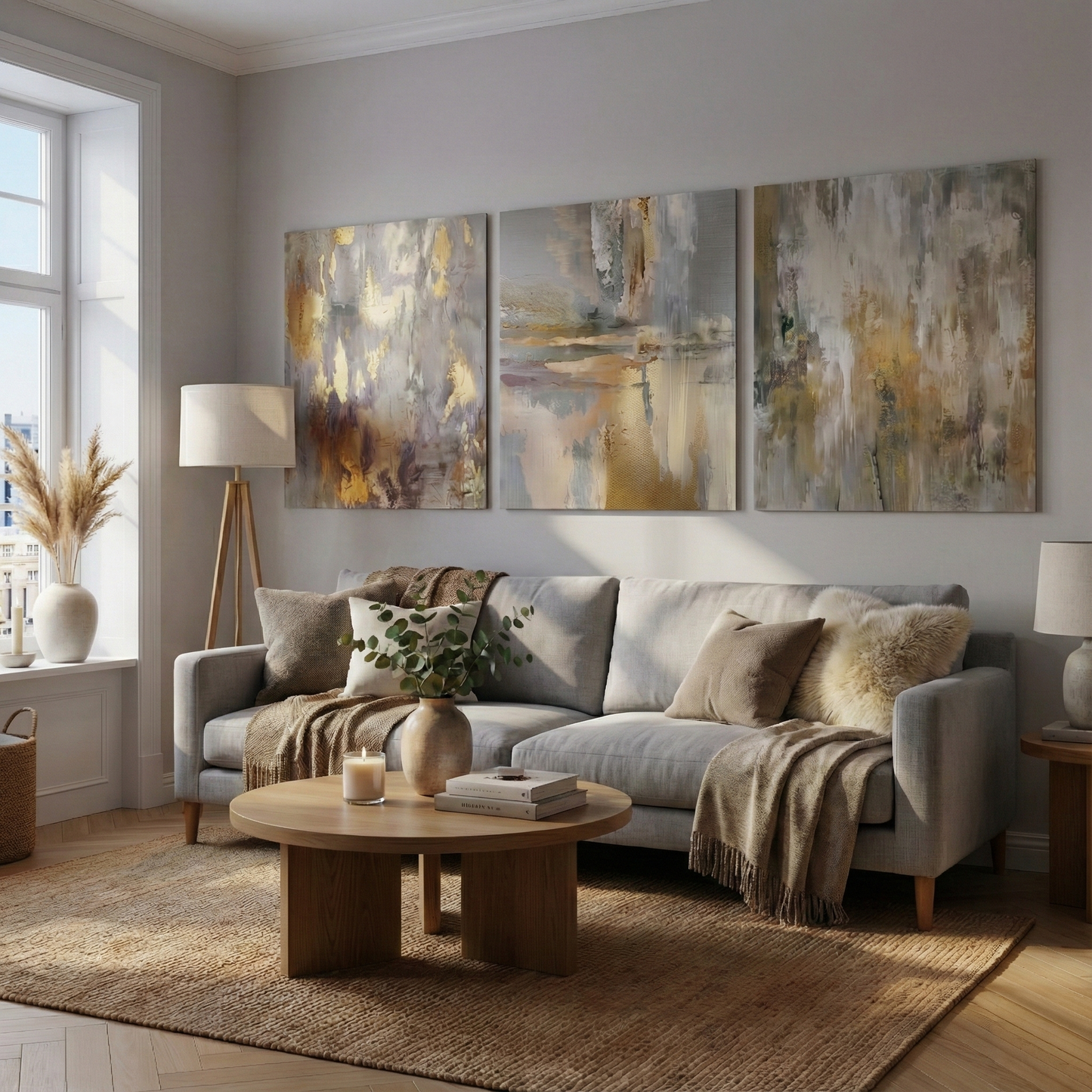 Luxe Gold & Grey Abstract Triptych | Minimalist Large Wall Art | Matte Aluminum Metal Print Set