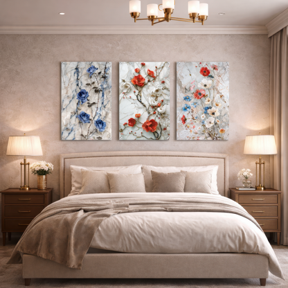 Elegant floral marble wall art triptych installed above bed in luxury bedroom interior with warm lighting and neutral decor