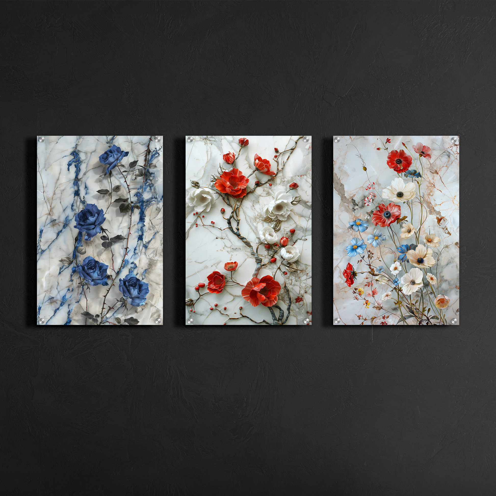 Modern floral marble wall art triptych displayed on dark textured wall printed on acrylic glass panels with botanical flower illustration