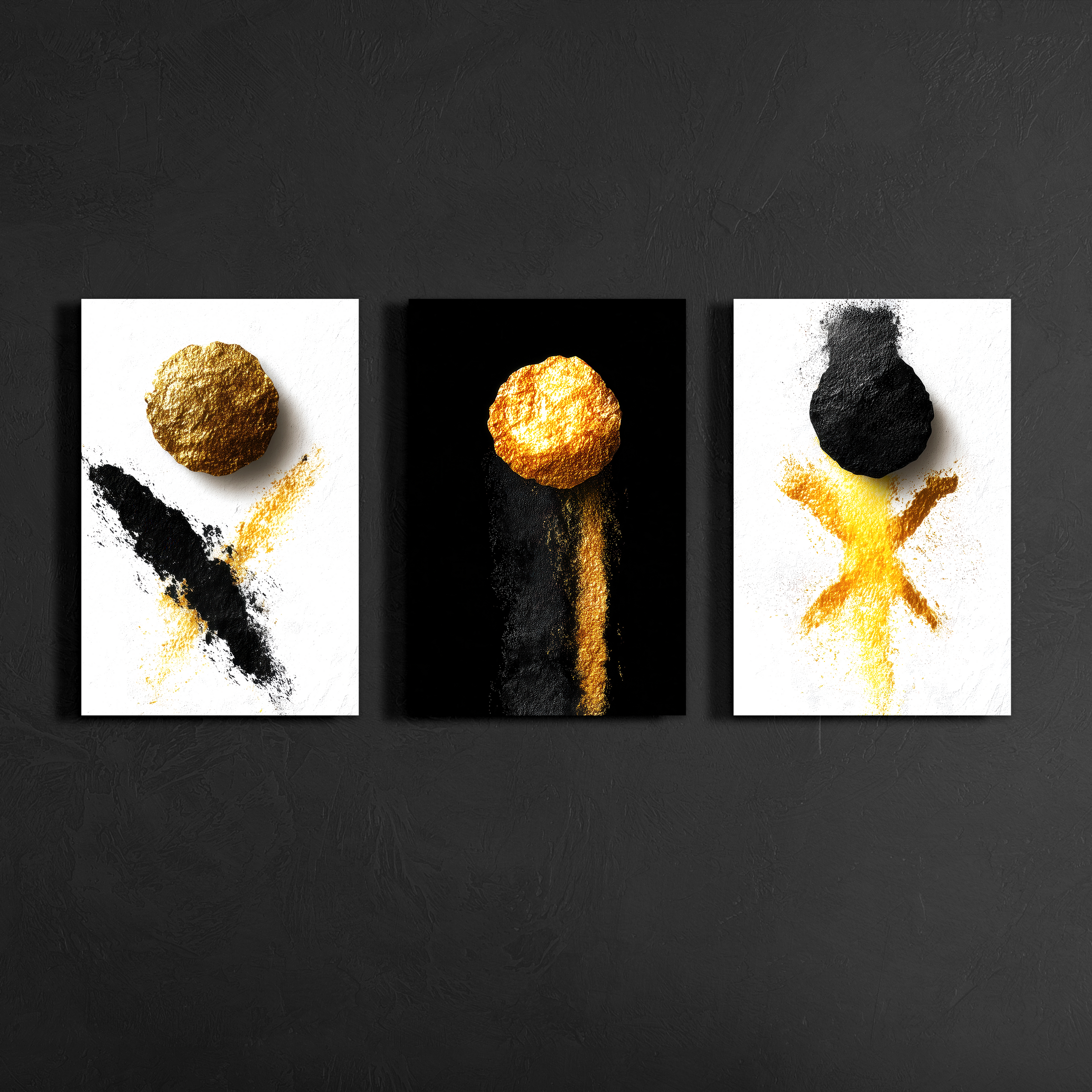 Front view of black and gold abstract triptych metal wall art against textured dark wall — modern three-panel artwork.