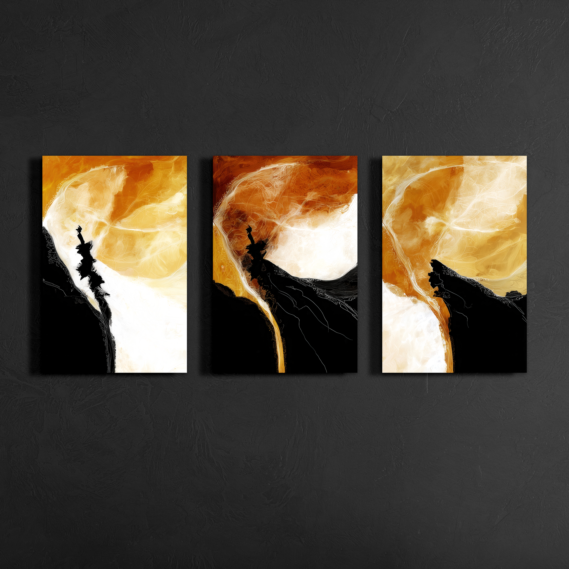 Front-view mockup of orange, black and white abstract triptych canvas wall art on textured backdrop — modern decorative art.