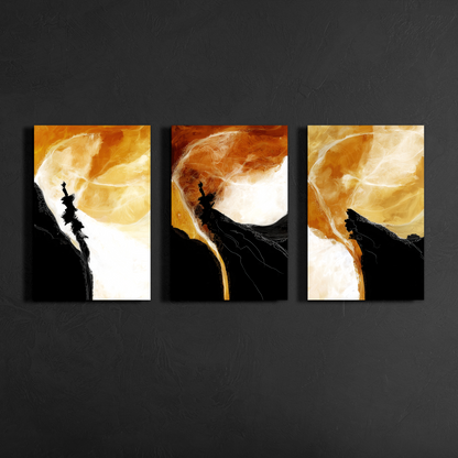 Front-view mockup of orange, black and white abstract triptych canvas wall art on textured backdrop — modern decorative art.