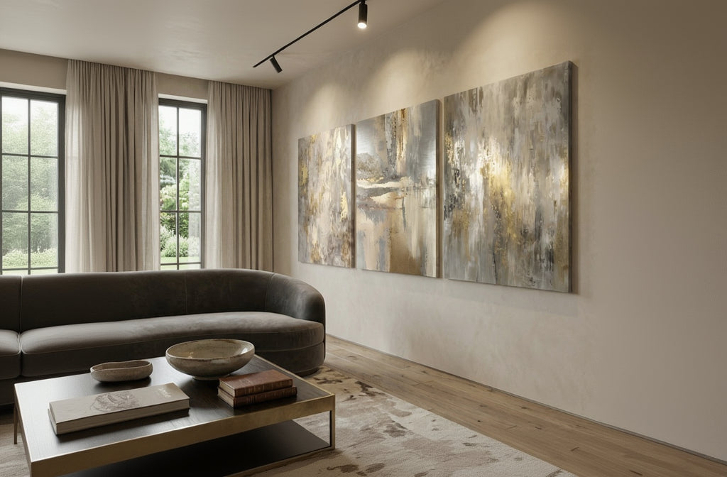 Luxe Gold & Grey Abstract Triptych | Minimalist Large Wall Art | Matte Aluminum Metal Print Set