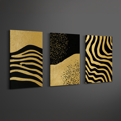 Mockup of gold and black abstract triptych canvas art displayed on wall – modern decor presentation.