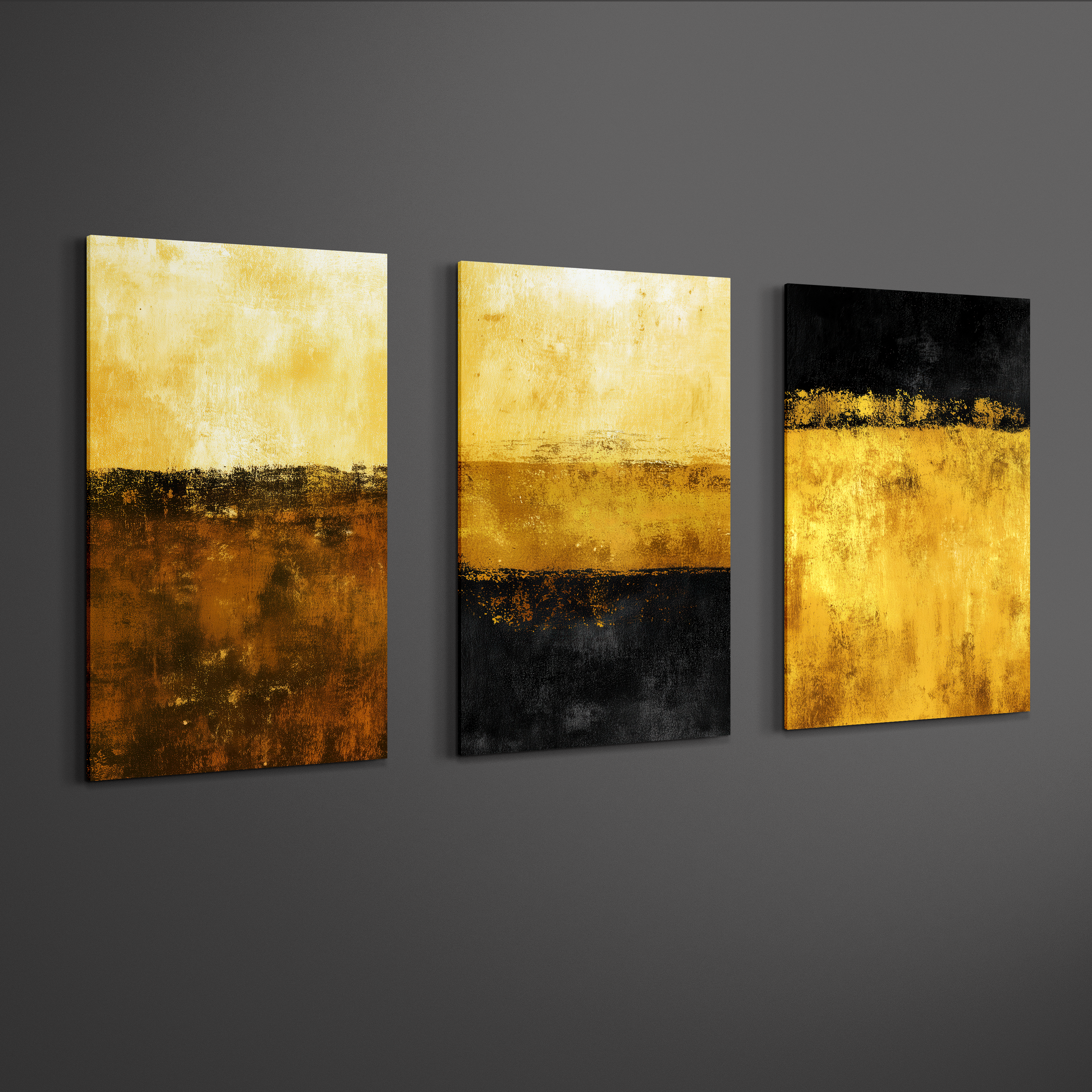 Angled view of gold and black abstract geometric triptych canvas art on neutral wall — modern décor piece.