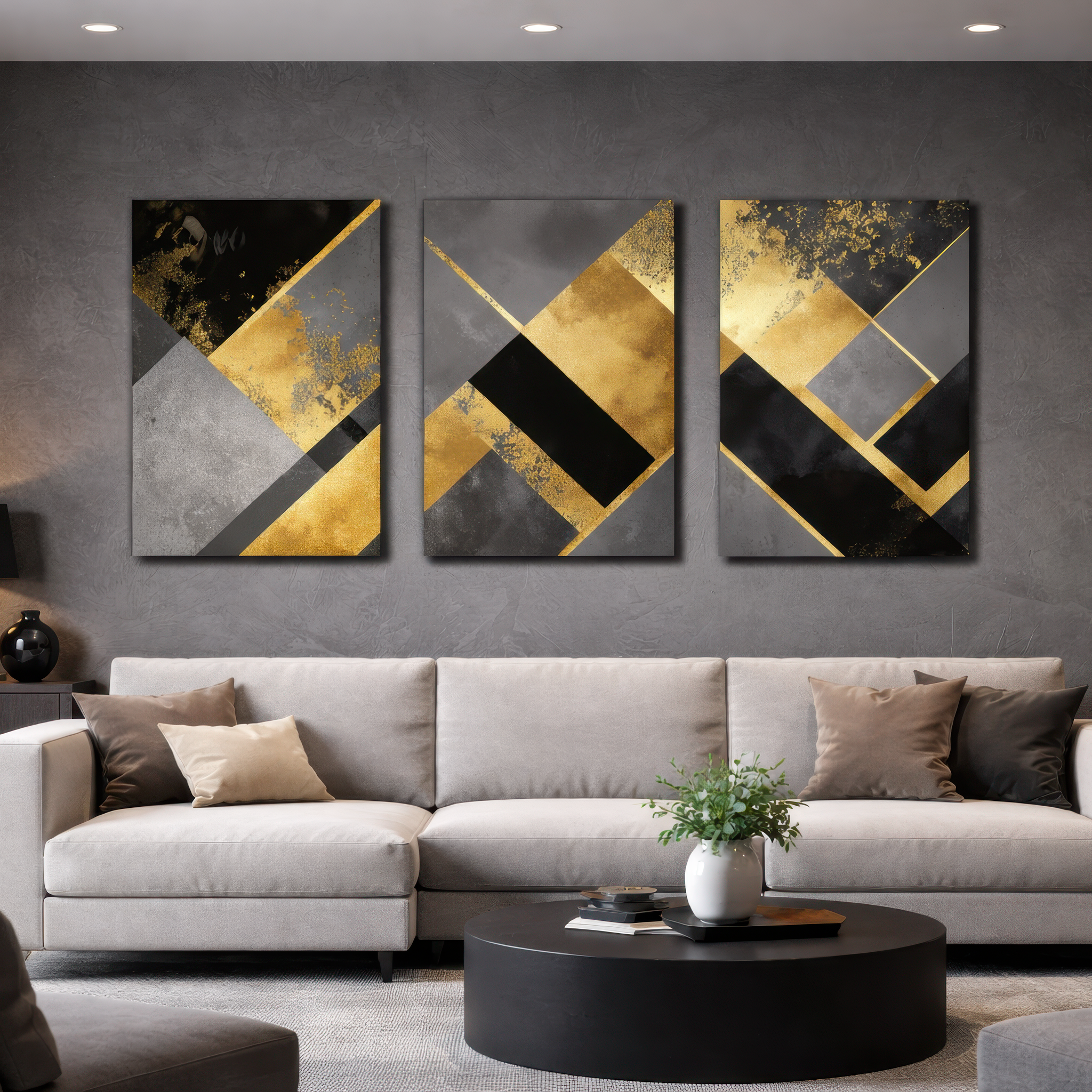 Gold and black abstract triptych wall art installed above sofa in living room — modern décor accent.