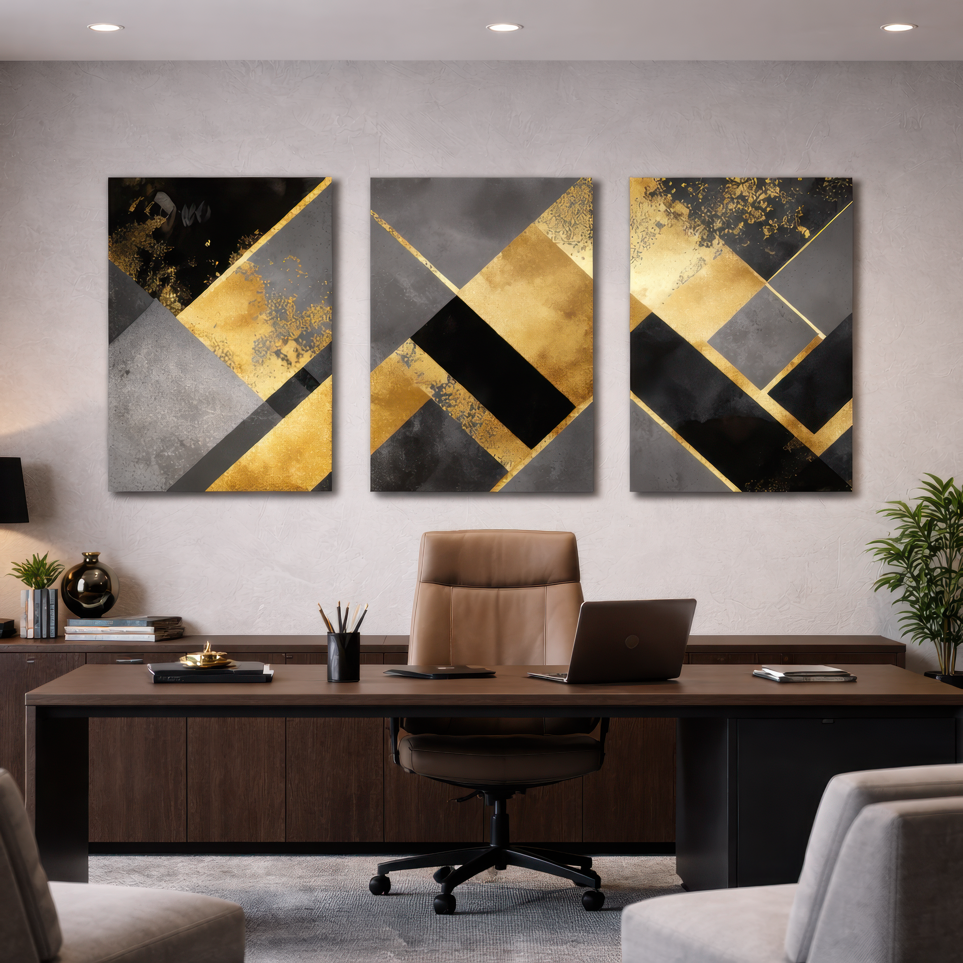 Gold and black abstract triptych canvas art above desk in contemporary office — stylish wall décor