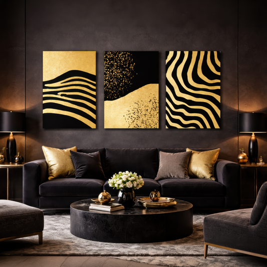 Gold and black abstract triptych wall art above sofa in modern living room – premium canvas decor.