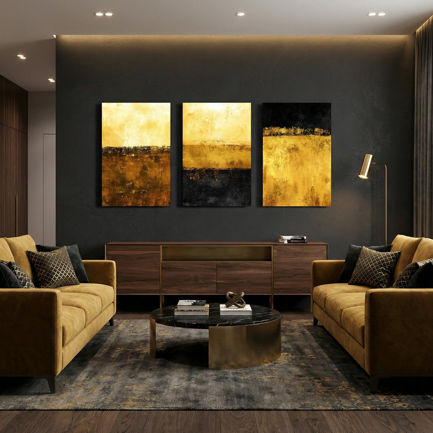 Gold and black abstract vertical triptych wall art displayed above console in modern living room — contemporary canvas décor.