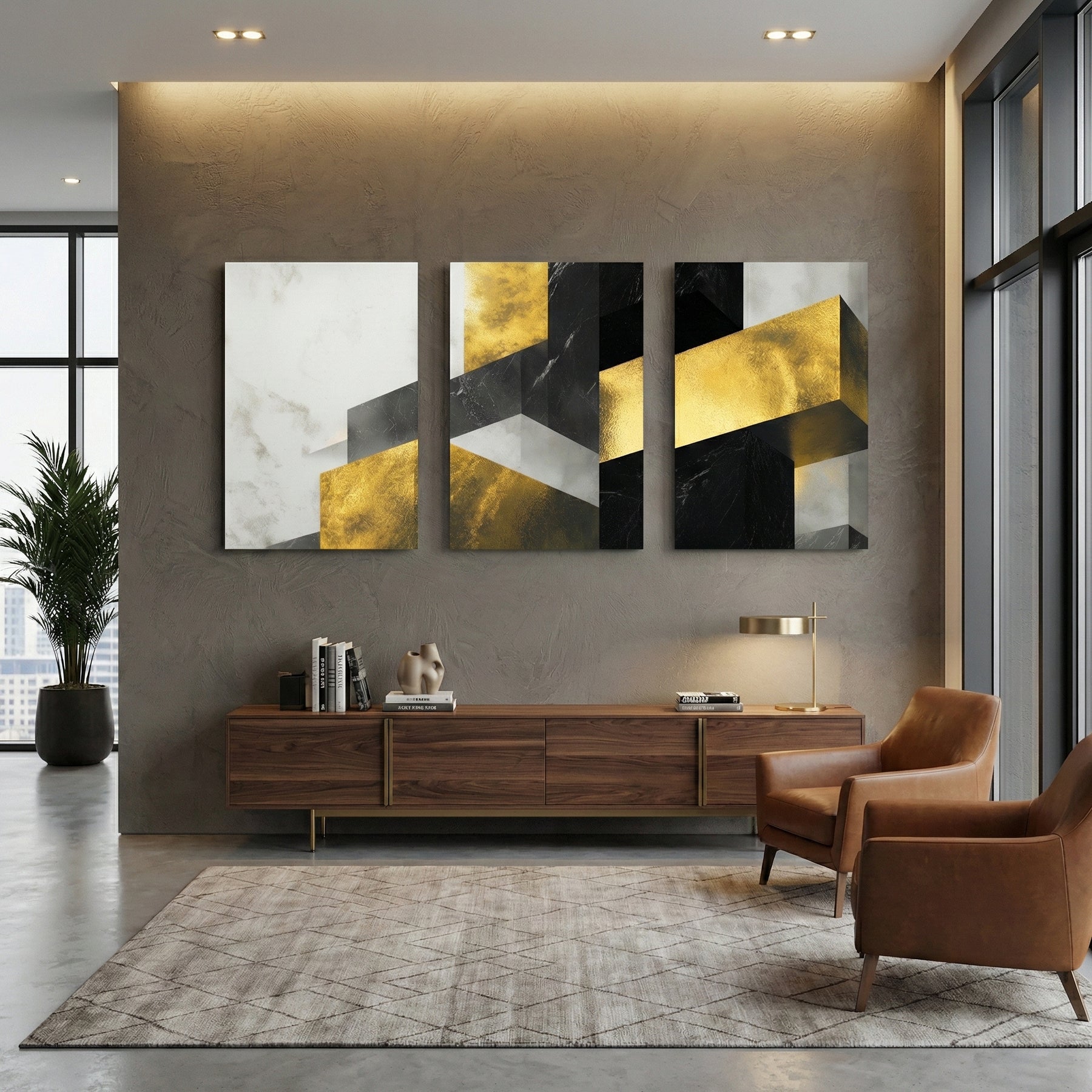 Gold, black and white geometric abstract triptych wall art above console in a modern waiting room — contemporary canvas décor.