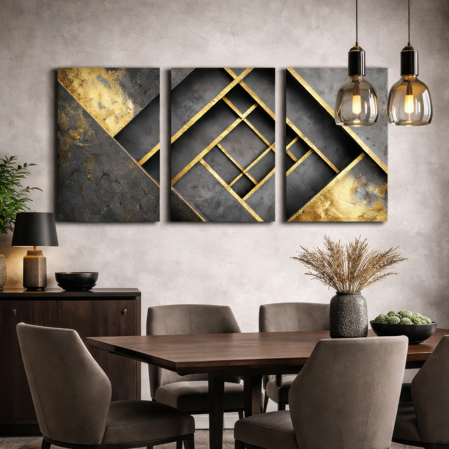 Gold and black geometric abstract triptych canvas art displayed above sideboard in contemporary dining room — stylish decorative wall art.