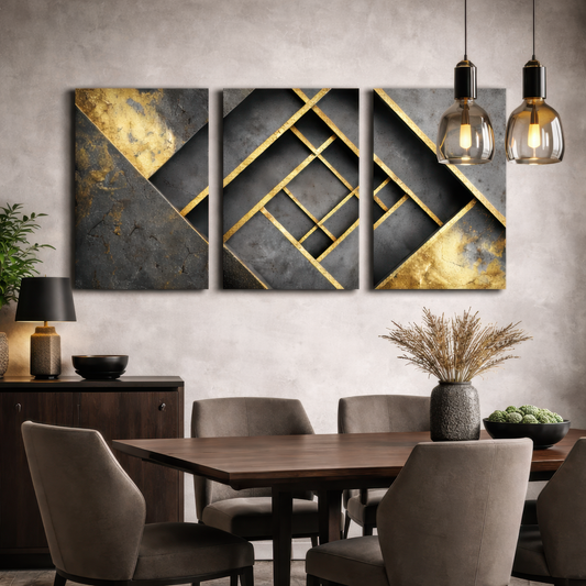 Gold and black geometric abstract triptych canvas art displayed above sideboard in contemporary dining room — stylish decorative wall art.