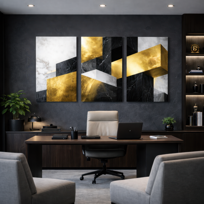Gold, black and white geometric abstract triptych canvas art above desk in modern executive office — stylish wall décor.