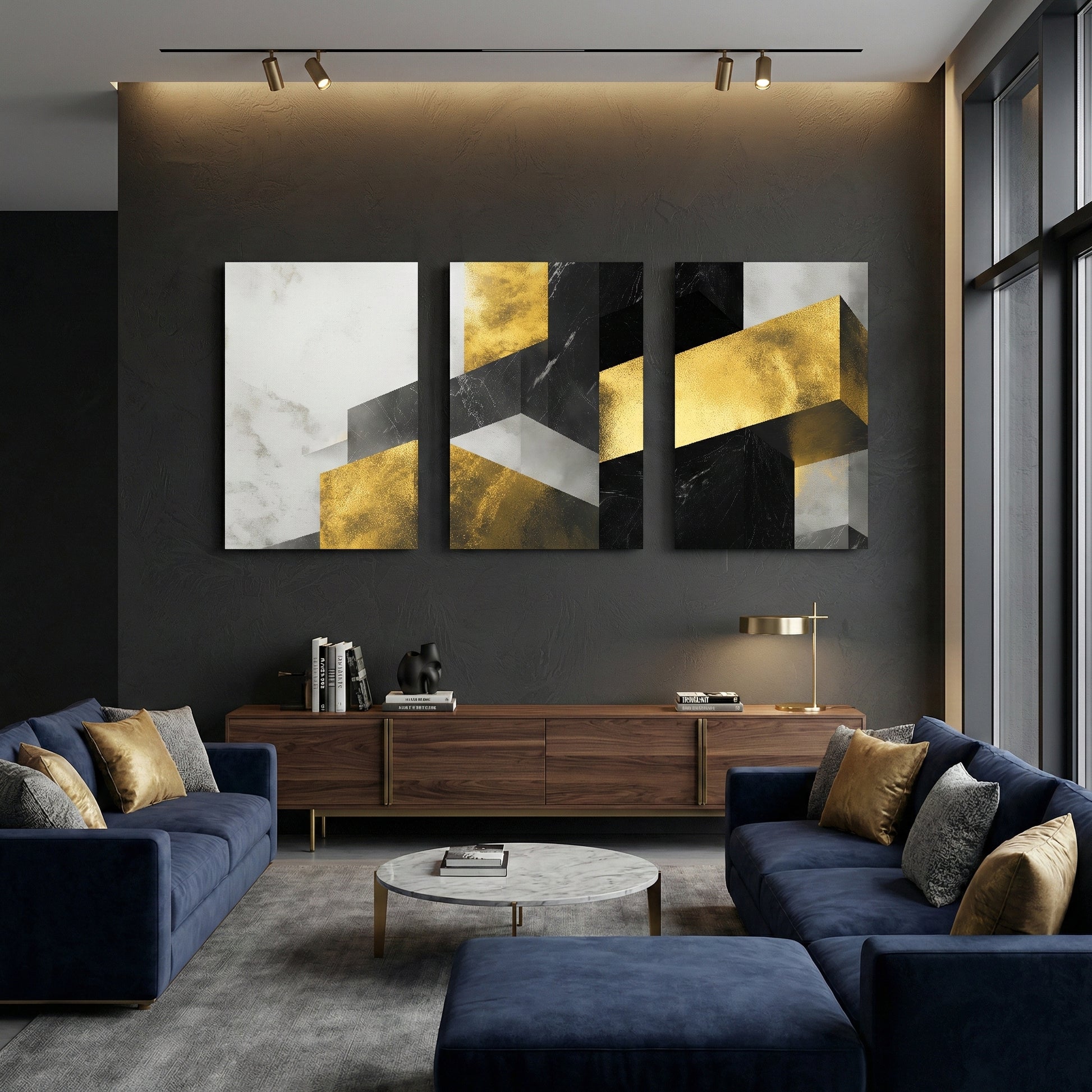 Gold, black and white geometric abstract triptych wall art displayed above sofa in a contemporary living room — modern décor canvas.