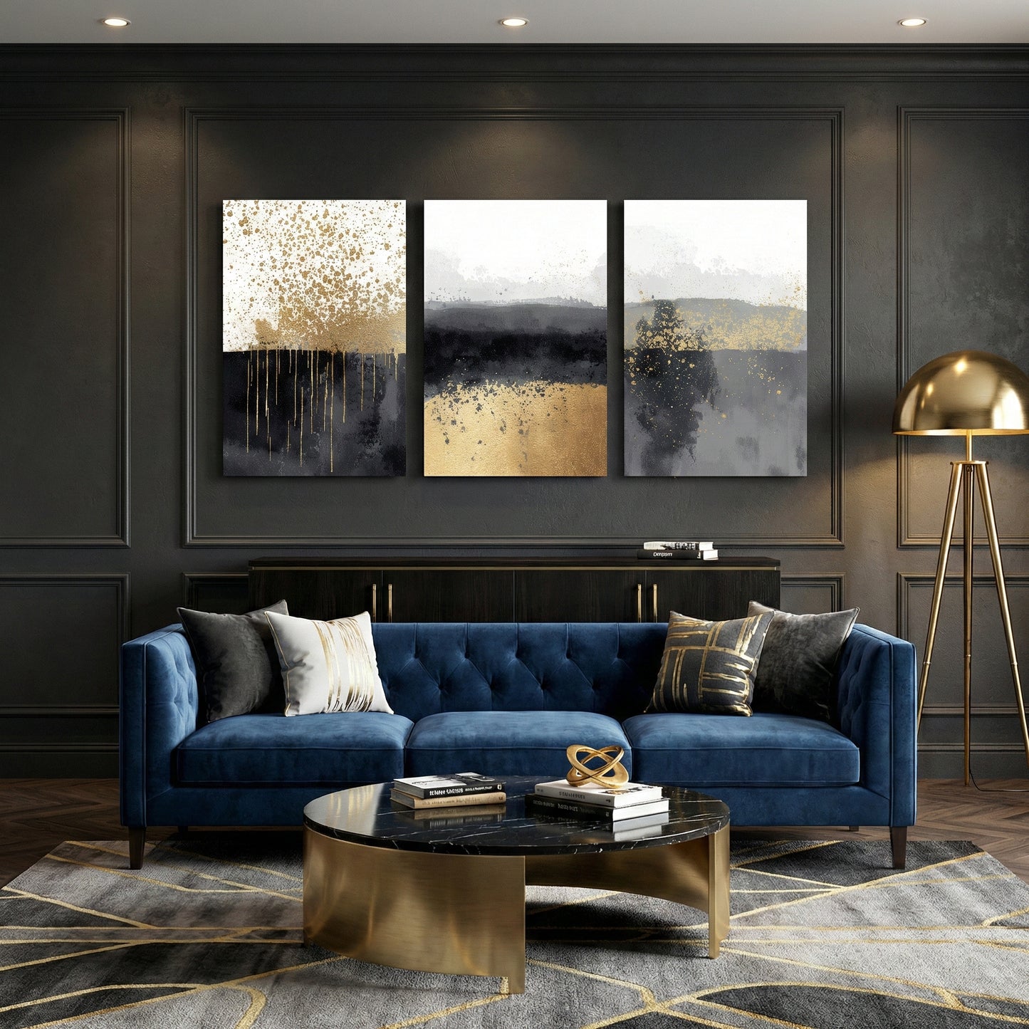 Gold, grey and black abstract triptych canvas wall art hanging above blue sofa in luxurious living room — contemporary décor.