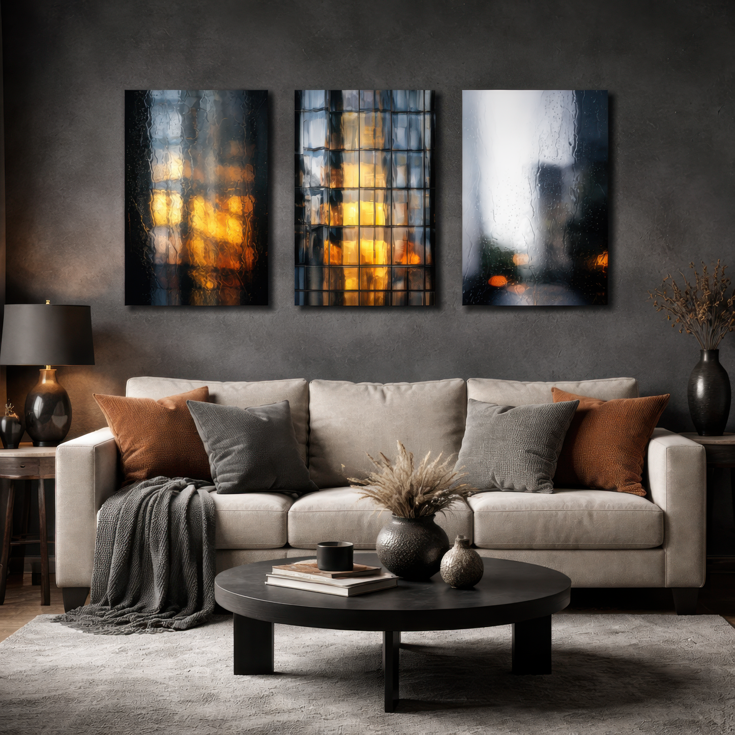 Triptych architectural photography with warm yellow interior lights behind glass facade, styled above neutral sofa in elegant modern living room