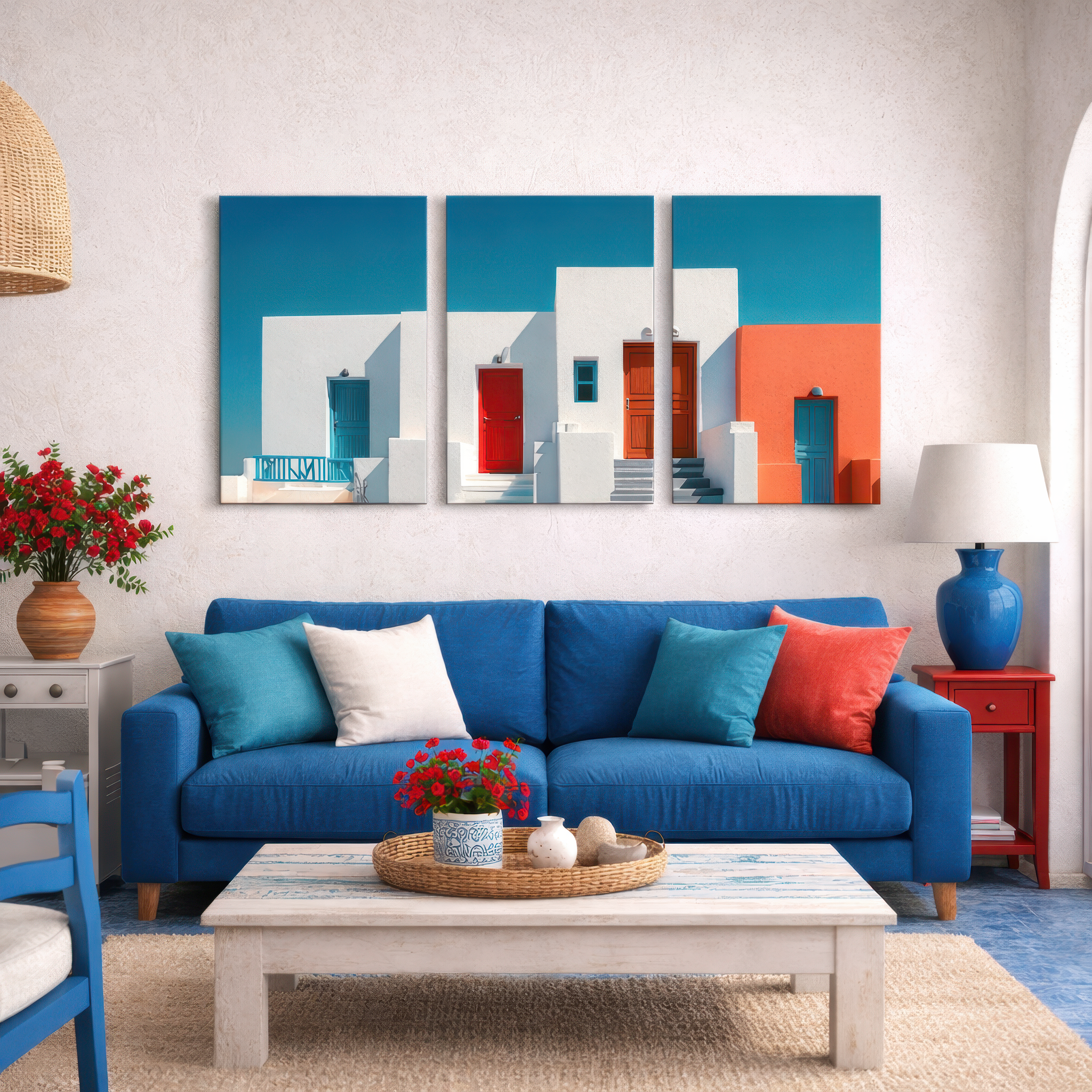 Three panel Mediterranean facade wall art with turquoise sky and bold red doors installed above blue sofa in coastal style living room setting