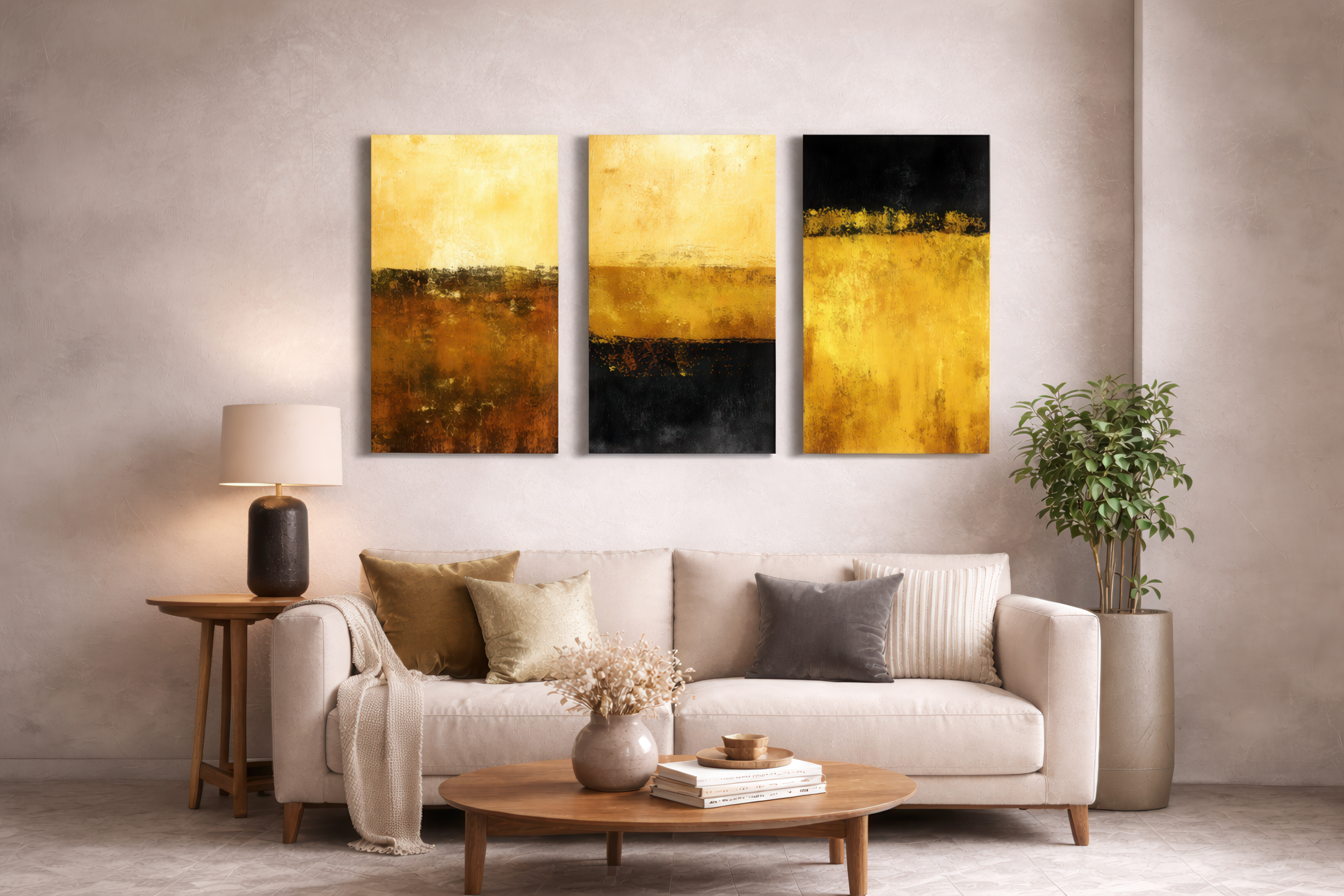 Modern living room styled with gold and black abstract triptych wall art above sofa, smooth aluminum prints creating luxury focal point and warm contemporary atmosphere