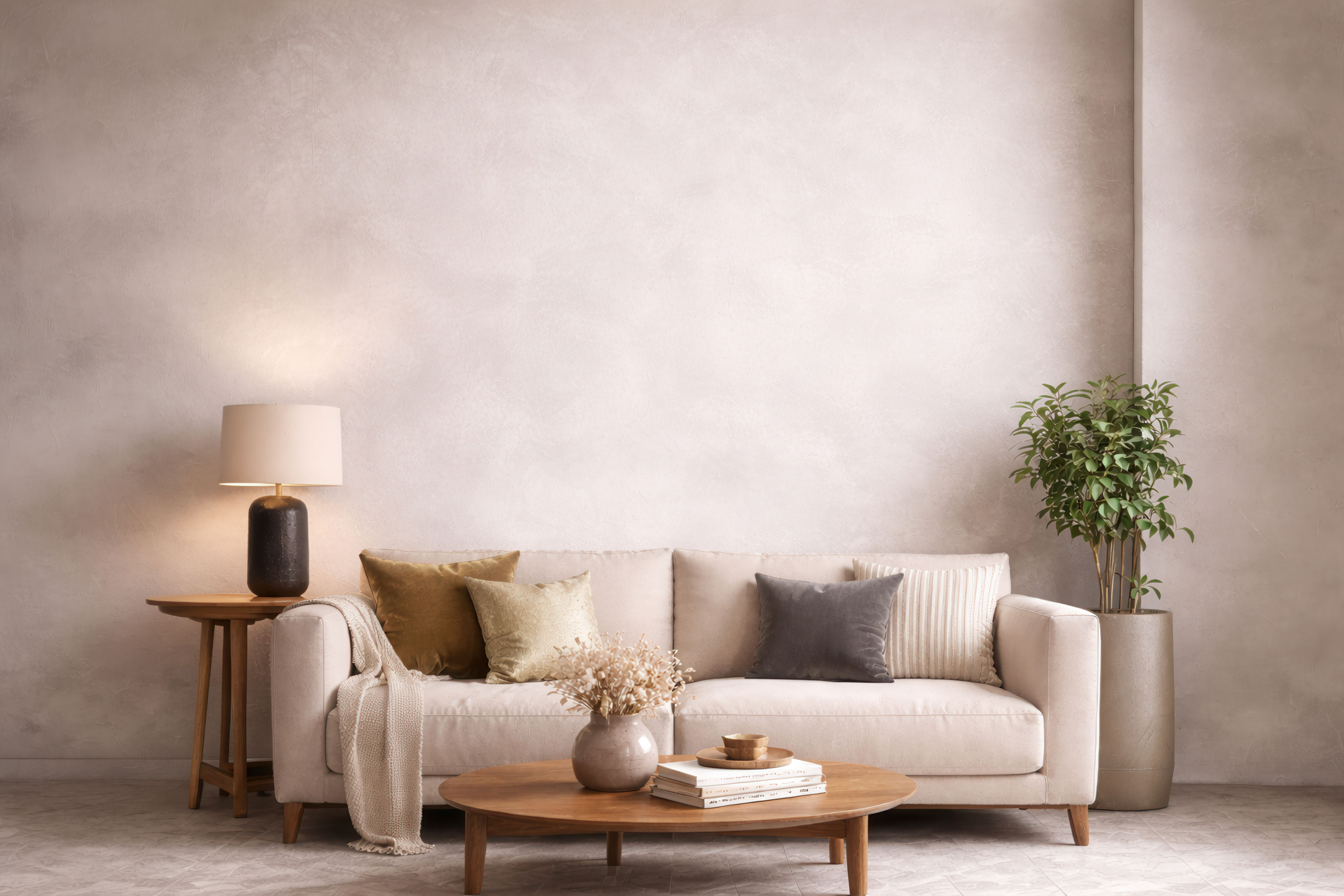 Minimalist beige living room with empty wall above sofa, neutral decor and soft lighting before adding abstract triptych wall art, modern interior without statement artwork